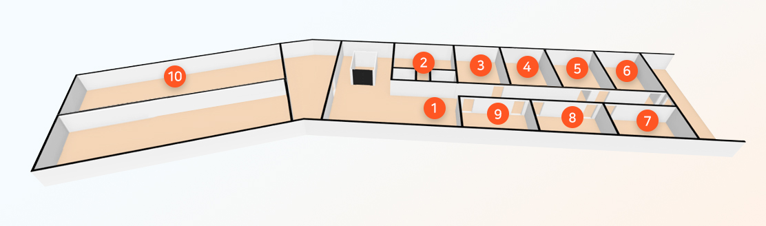 일반형 치유센터 2층 투시도로 중앙 계단을 기준으로 오른 시계방향으로 2번 화장실, 3번 탈의실, 4번 휴게실, 5번 명상실, 6번 원예치유실, 7번 프로그램운영자 사무실, 1번 노르딕 워킹 Zone, 8번 편백볼쉼터, 9번 노르딕워킹 상담실 10번 다목적강당이 위치하고 있습니다.